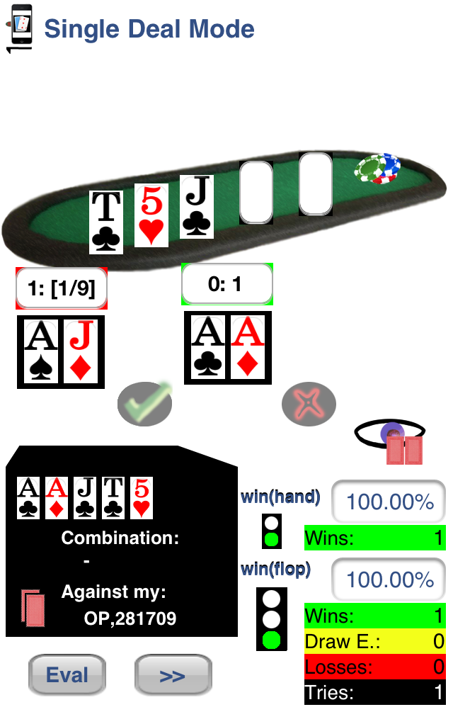Visualization of first Hand KK vs. 99 with Flop: Tc, 5h, Jc