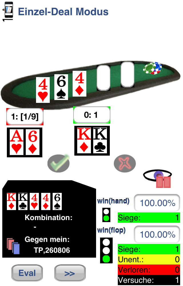 Visualisation der ersten Hand KK vs. A6 mit Flop: 4h, 6s, 4d