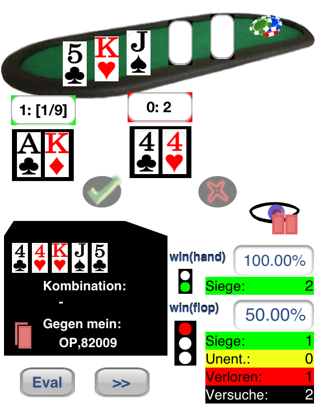 Visualisation der zweiten Hand 44 vs. AK mit Flop: 5c, Kh, Js